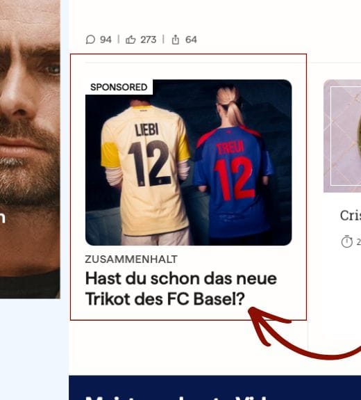 FC Basel - neues Trikot - digitale PR - 20min Digitale Display - Bannerwerbung als Beispiel von 20 Minuten Online einfach dargestellt.